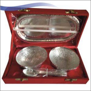 Bowl & Spoon Set With Tray (Silver Finish)