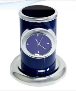 Table Top Pen Stand With Watch Blue