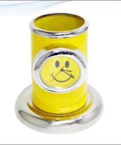 Table Top Pen Stand With Watch Yellow