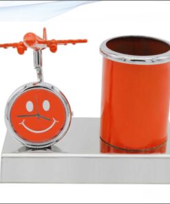 Pen Stand With Watch With Air Craft Orange