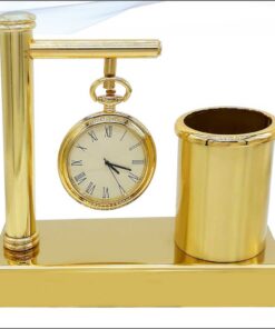 Table Top Pen Stand With Clock Full Gold
