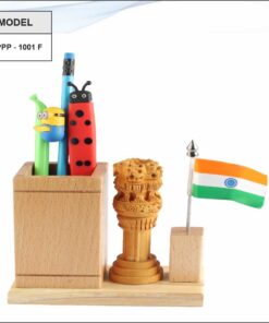 Wooden Pen Stand With Ashok Stambh And Flag