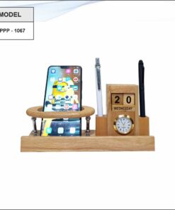 Wooden Pen Stand, Mobile Stand With Clock And Calendar