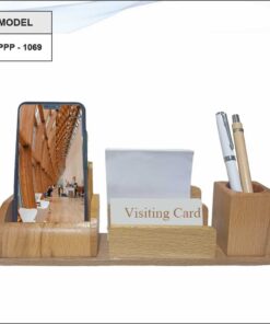 Wooden Mobile Stand With VC Holder, Note Pad Holder And Pen Stand
