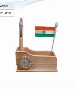Wooden Pen Stand With Flag And Clock