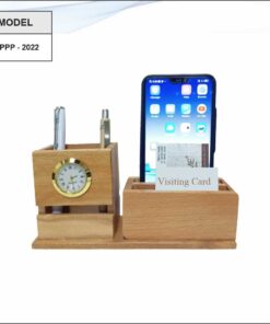 Wooden Pen Stand VC Holder And Mobile Stand With Clock