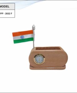Wooden Pen Stand With Flag And Clock