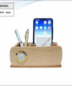Wooden Pen Stand VC Holder And Mobile Stand With Clock