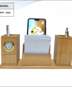 Wooden Pen Stand, Note Pad Holder And Mobile Stand With Clock