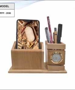 Wooden Pen Stand And Mobile Stand With Clock
