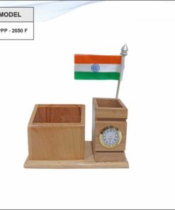 Wooden Pen Stand With Flag And Clock