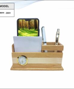 Wooden Pen Stand, Note Pad Holder And Mobile Stand With Clock