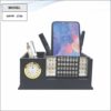 Wooden Pen Stand With Clock, Calendar And Mobile Stand