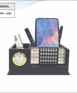 Wooden Pen Stand With Clock, Calendar And Mobile Stand