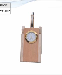 Wooden Pen Stand With Clock And Plastic Pen
