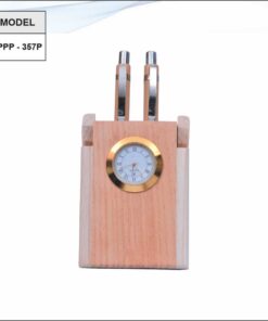 Wooden Pen Stand With Clock And Plastic Pens