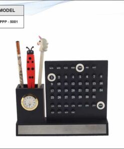 Wooden Pen Stand, Calendar And With Clock