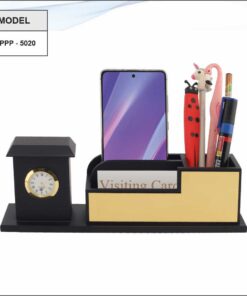 Wooden Pen Stand With Clock, VC Holder And Mobile Stand