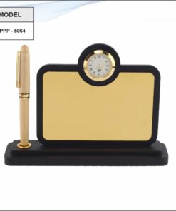 Wooden Pen Stand With Clock And Pen