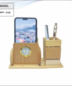 Wooden Pen Stand And Mobile Stand With Clock