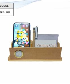 Wooden Pen Stand VC Holder And Mobile Stand With Clock