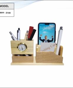 Wooden Pen Stand, Note Pad Holder And Mobile Stand With Clock