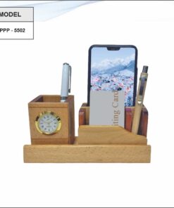 Wooden Pen Stand, Note Pad Holder And Mobile Stand With Clock