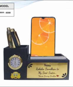 Wooden Pen Stand With Clock, Note Pad Holder And Mobile Stand