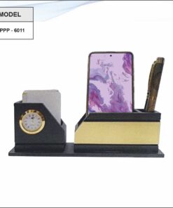 Wooden Pen Stand With Clock, Note Pad Holder And Mobile Stand