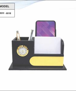 Wooden Pen Stand With Clock, Note Pad Holder And Mobile Stand