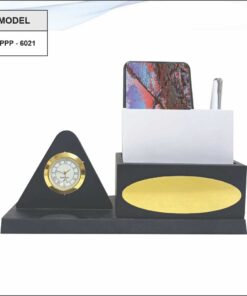 Wooden Pen Stand With Clock, Note Pad Holder And Mobile Stand