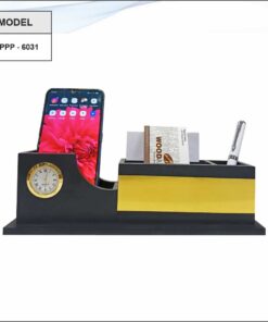 Wooden Pen Stand With Clock, Note Pad Holder And Mobile Stand
