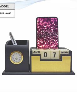Wooden Pen Stand With Clock, Calendar And Mobile Stand