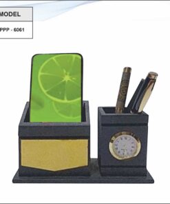 Wooden Pen Stand With Clock And Mobile Stand