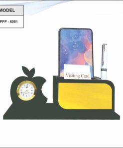Wooden Pen Stand With Clock, Note Pad Holder And Mobile Stand