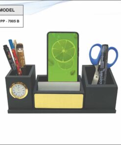 Wooden Pen Stand With Clock, Note Pad Holder And Mobile Stand