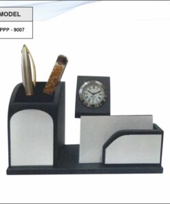 Wooden Pen Stand With Clock And Note Pad Holder
