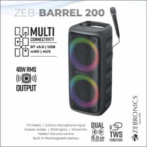 SPK-ZEBRONICS PORTABLE BLUETOOTH SPEAKER (BARREL 200)