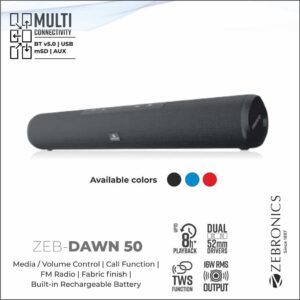 SPK IND-ZEBRONICS PORTABLE BLUETOOTH SPEAKER (DAWN 50 BLACK)