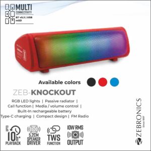 SPK-ZEBRONICS PORTABLE BLUETOOTH SPEAKER (KNOCK OUT RED)
