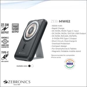 ZEB MW62 10000MAH-22.5W MOBILE BATTERY MINI CHARGER WITH STAND (BLACK)