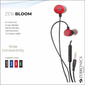 H-ZEBRONICS STEREO EARPHONE WITH MIC (BLOOM BLACK PLUS SILVER)