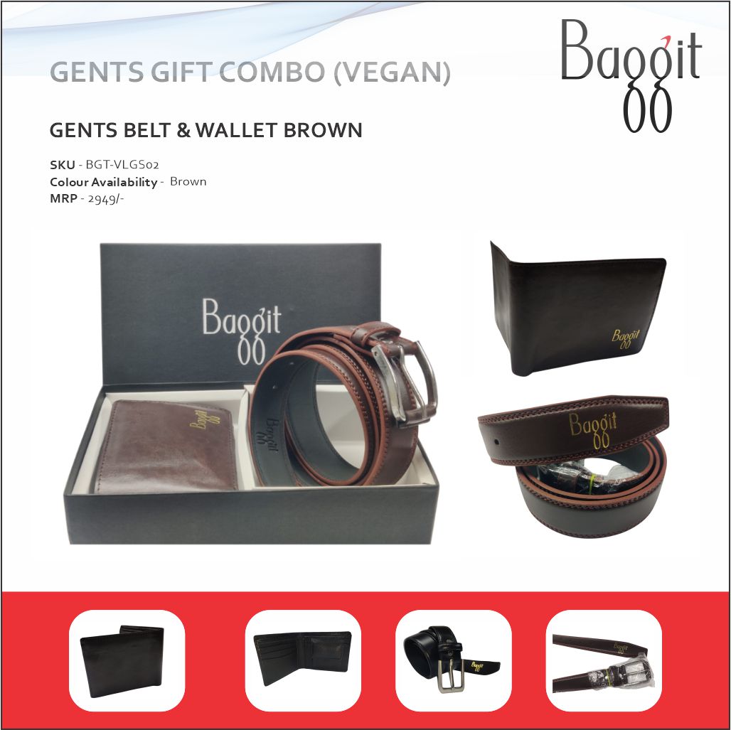 Baggit Vegan Letaher Brown Gents Belt And Wallet Combo
